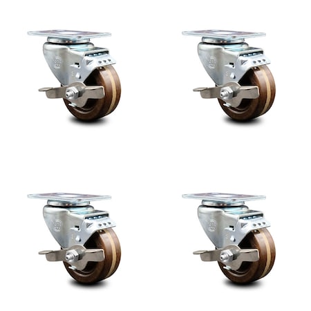 Service Caster 3 Inch High Temp Phenolic Wheel Swivel Top Plate Caster Set with Brake SCC SCC-20S314-PHRHT-TLB-TP2-4